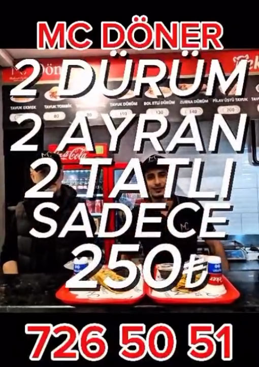 2 Dürüm+2Ayran+2 Tatlı Sadece 250TL